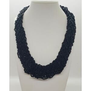 Black Glass Bead Multi Strand Braided Necklace Chunky Wide Twist Collar Choker